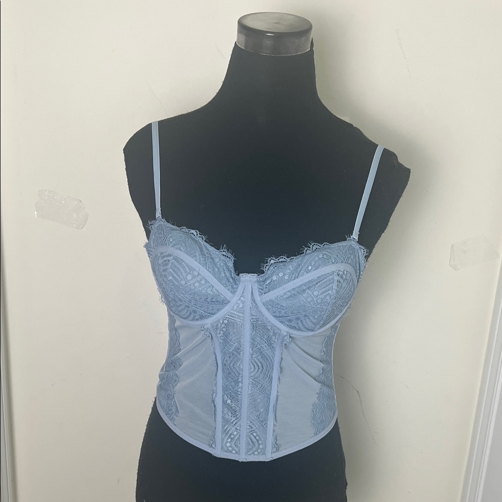 Y2k Elegant Lace Mesh Bustier Corset in Light Blue - Picture 2 of 14